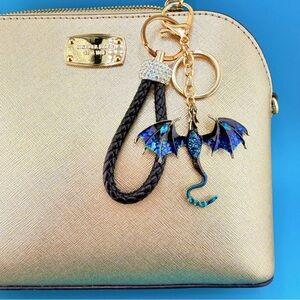🐉 FLYING DRAGON Keychain Bag Charm Gold-Tone Hardware Rhinestones, Blue or Green